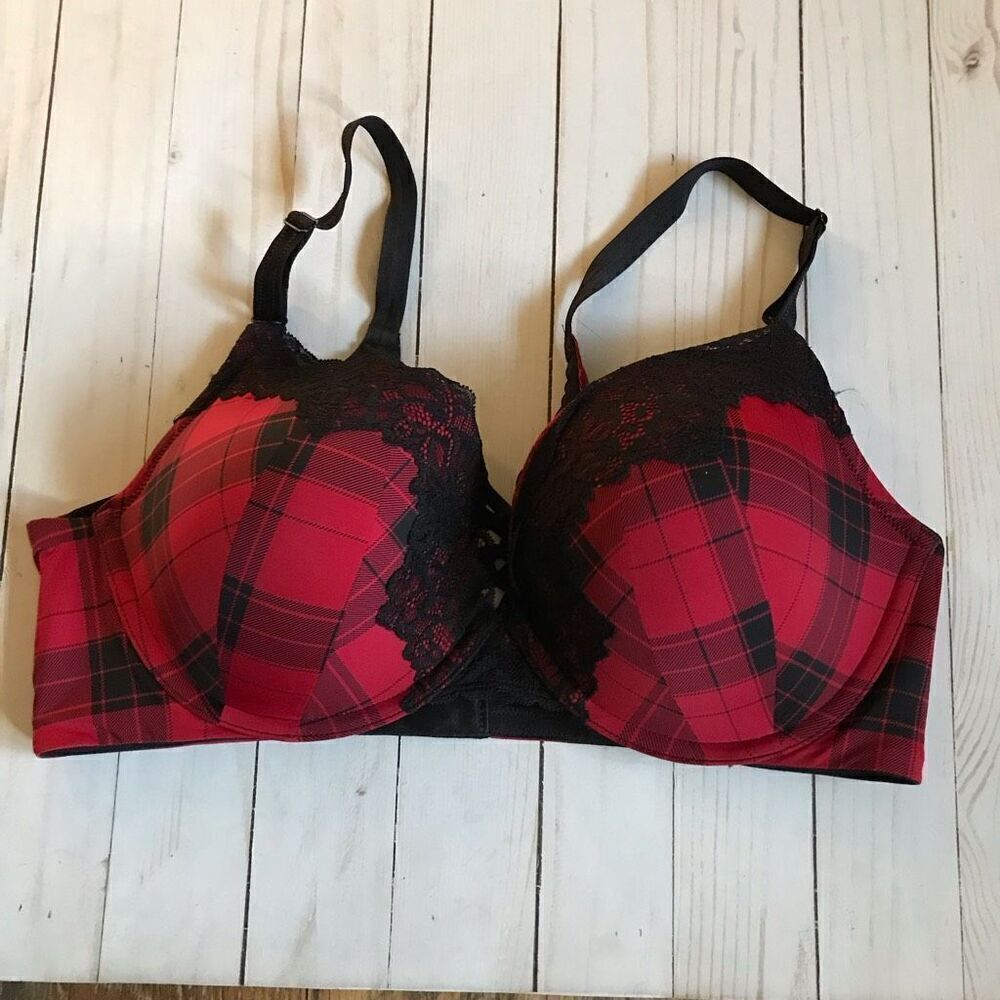 Torrid curve bra Size 40D Corset lace up underwire padded red black plaid